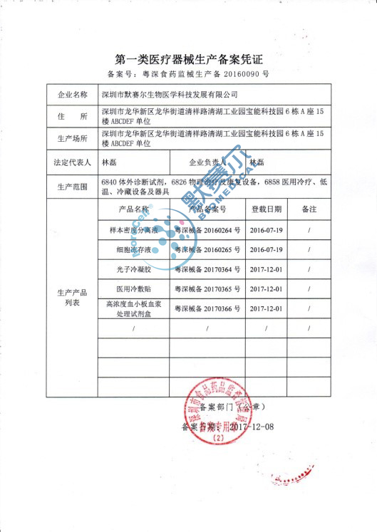 一類醫療器械經營備案憑證